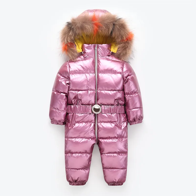 

Russian -30 degree winter outerwear 90% White Duck Down Hooded Fashion natural fur baby clothes overalls children jumpsuit