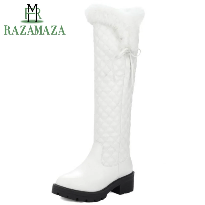 

RAZAMAZA Russian New Women Square Heel Over Knee Boots Woman Fashion Bowtie Fur Heels Shoes Warm Winter Botas Mujer Size 34-43