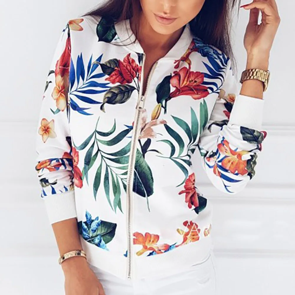 Autumn Floral Print Jacket Women's Zipper Bomber Jackets Women Hip Hop
