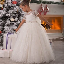 New Ivory White Flower Girl Dress For Wedding Soft Lace Ball Gown Short Sleeves Sheer Neck First Communion Dress Birthday Gown