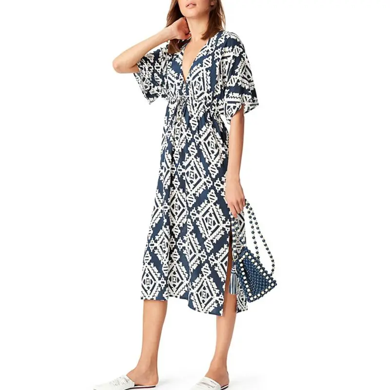 

Womens Rhombus Geometric Floral Digital Printing Beach Dress Sexy Deep V-Neck Half Sleeves Bikini Cover Up Side Split Belted Wai