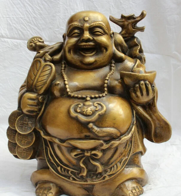 

JP S61 12" Chinese Brass Happy Laugh Maitreya Buddha money dragon Yuan Bao Statue