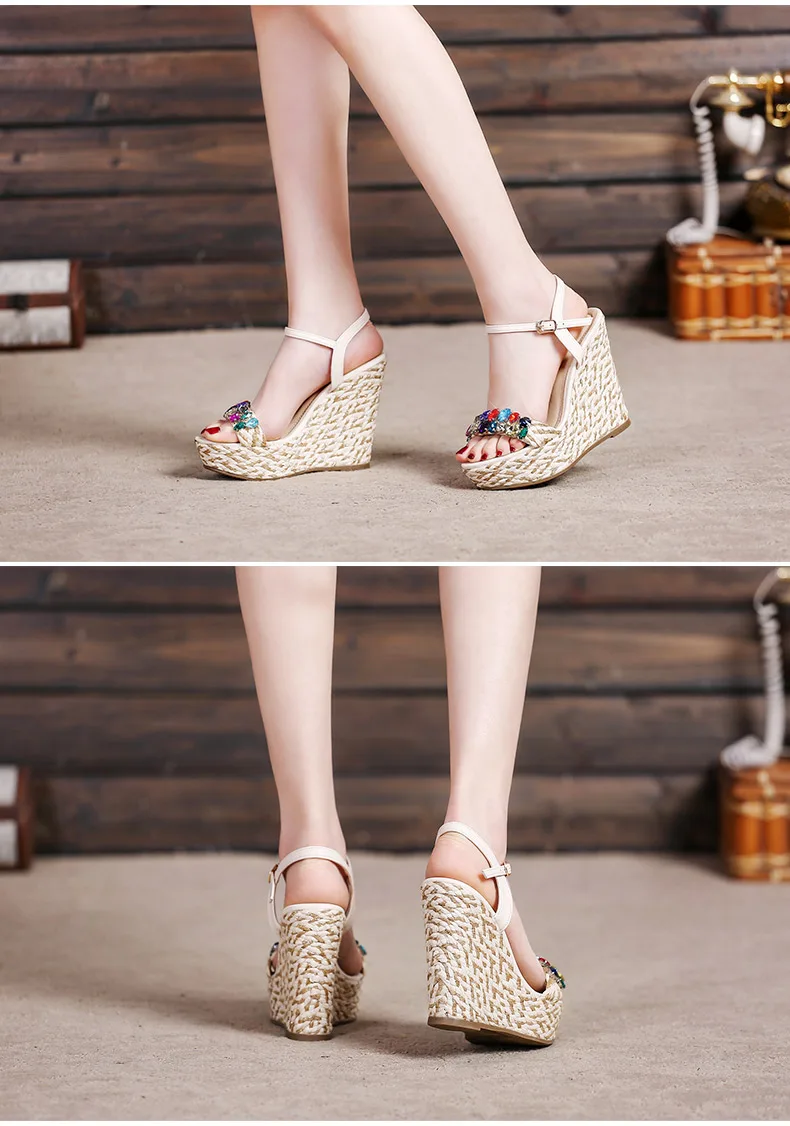 19_Summer Womens Black Buckle Sandals Fashion Elegant Silver Rhinestone Shoes Wedding Bridal High Heel Platform Wedges
