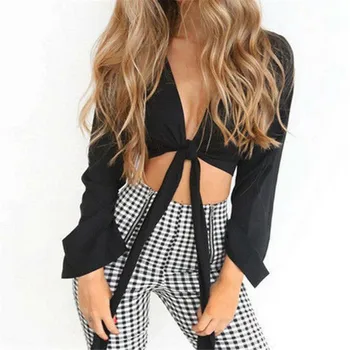 

Women's Sexy V-neck Tops New Soild Color Long Sleeves Ruffles T-shirt Ladies Fashionable Summer Chiffon Top Wear Summer Hot Sale