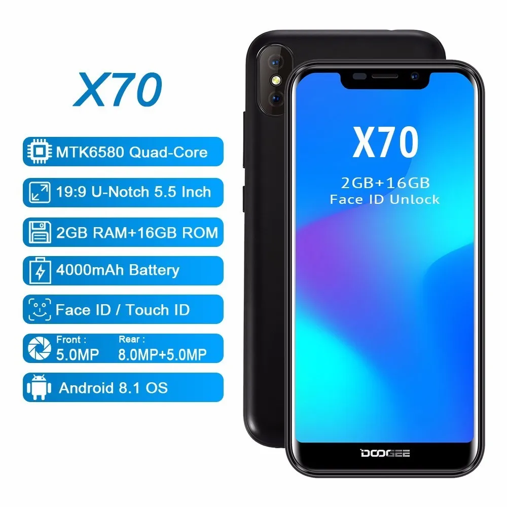 DOOGEE X70 смартфон с 19:9 лица MTK6580 четырехъядерный процессор 2 Гб ОЗУ 16 ПЗУ Android 8 1