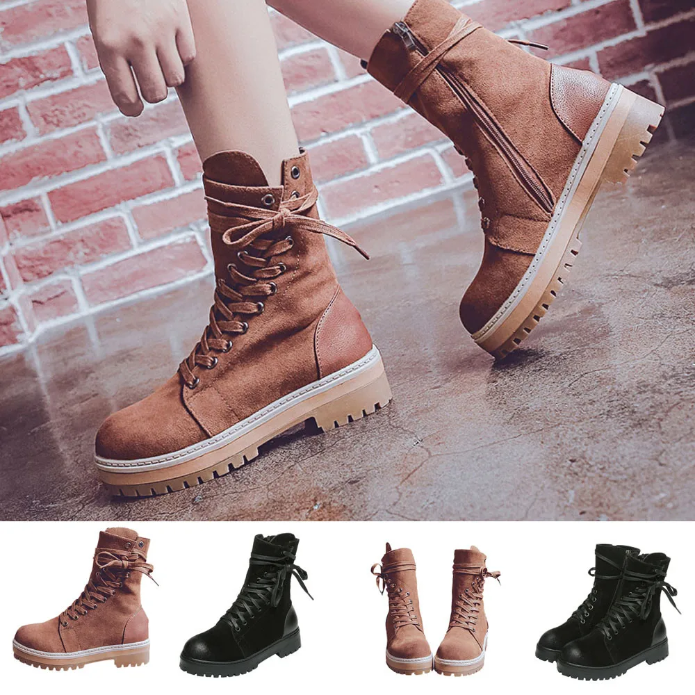 

SAGACE Boots Women's Retro Lace-UP Shoes platform Non-slip Round Toe Zipper Martin PU Leather Winter Classic Female Boots CC#