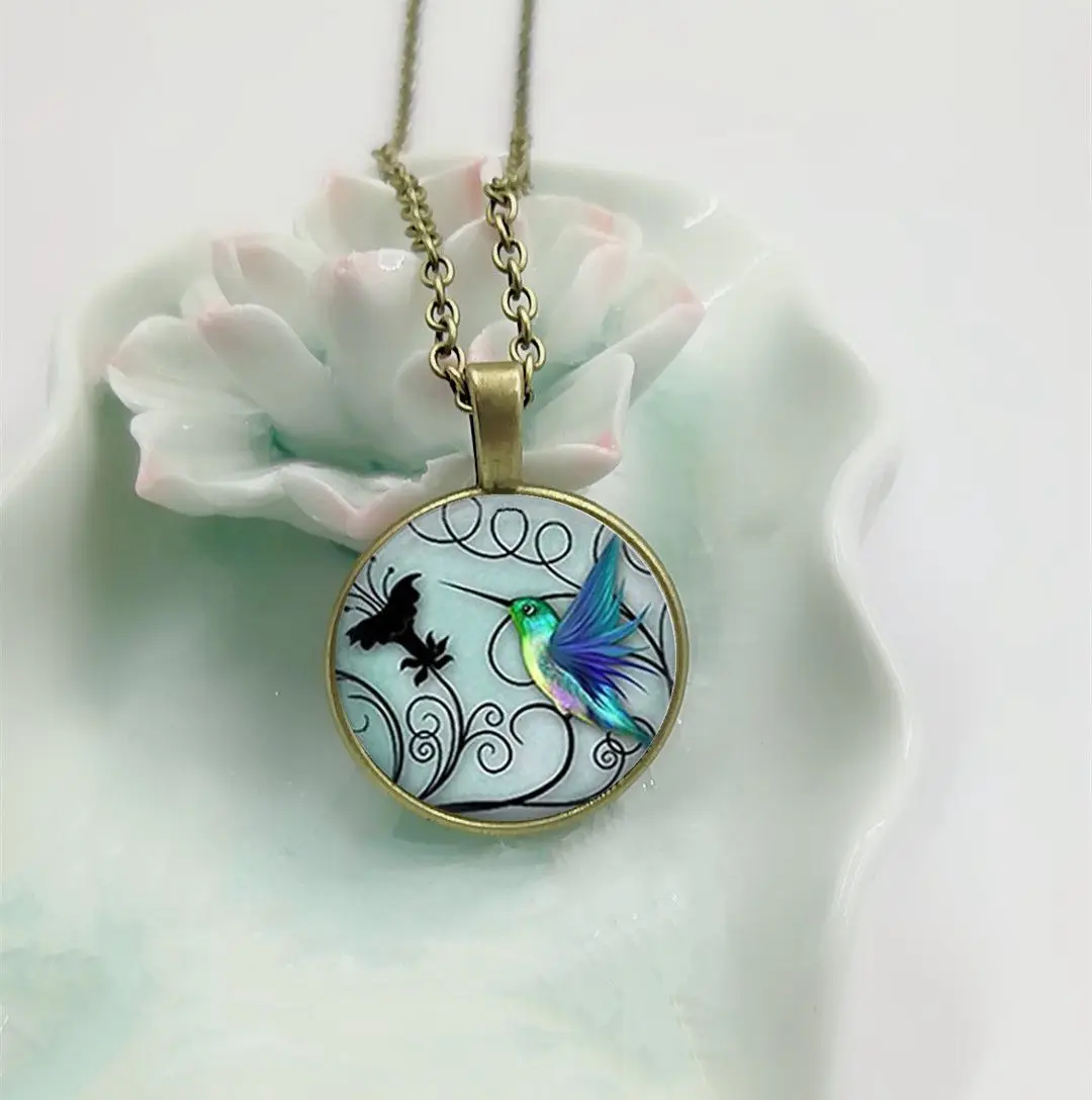 Blue Hummingbird Necklace Hummingbird Pendant Glass Bird Art Glass Cabochon Necklace. Mens necklace Hot Sale