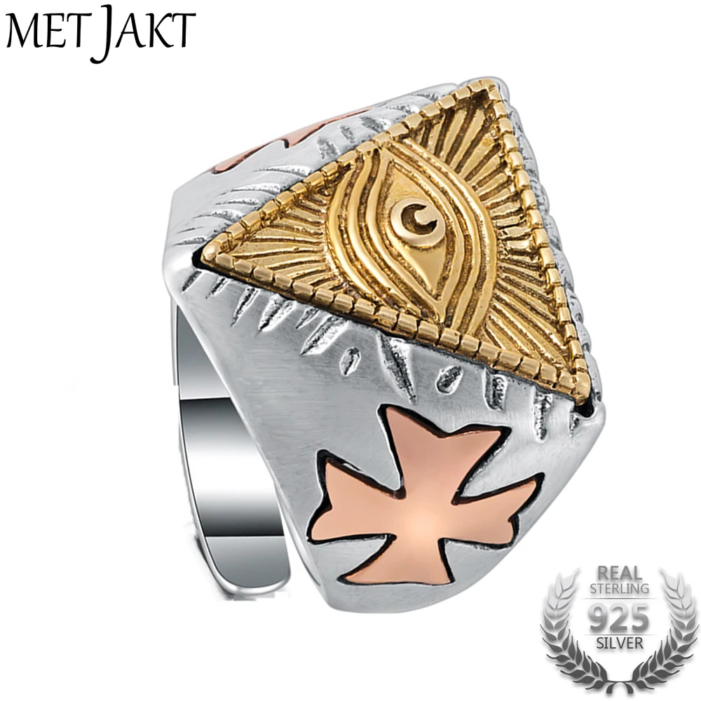 

MetJakt God's Eyes Ring & Ancient Egyptian Pharaoh Solid 925 Sterling Silver Open Ring for Men Women Vintage Thai Silver Jewelry
