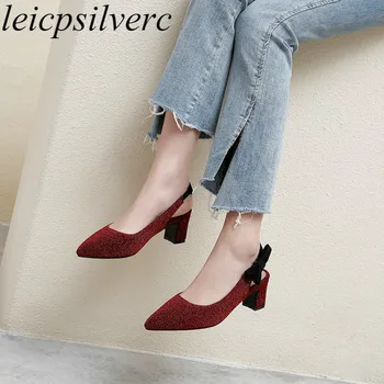 

Women's Pumps High Heels Pointed Toe Sequined Cloth Thick Heel Butterfly-knot 2019 New Sexy Fashion Casual Red Big Size 34-48