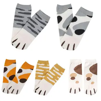 

Women Girls Autumn Short Over Ankle Boat Socks Kawaii Cute Cat Claws Paws Printed Jacquard Striped Contrast Color Cotton Hosiery
