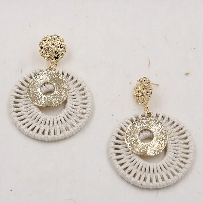 

Gold Color Rattan Earrings For Women Handmade Round Crochet Earring Hammered Vintage Earing pendientes Statement Jewelry
