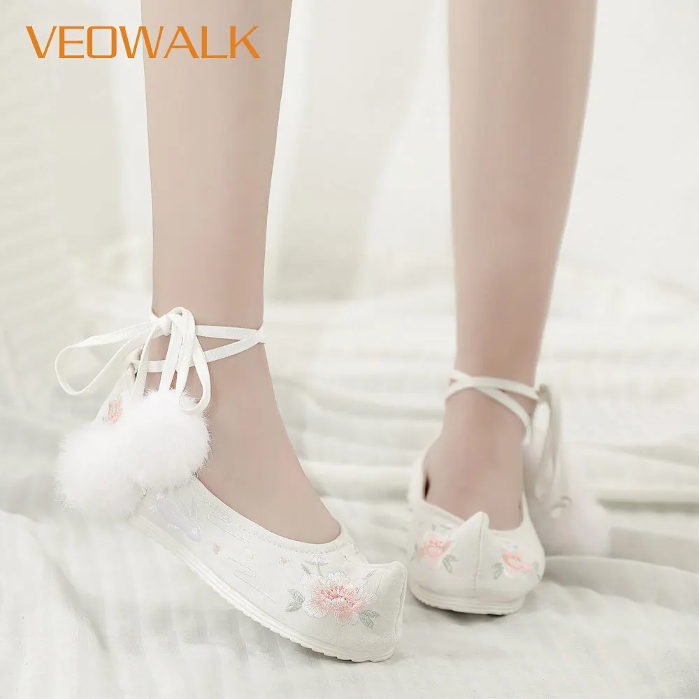 

Veowalk Women Cotton Fabric Embroidered Hanfu Shoes Platforms Ankle Strap Vintage Ladies Comfort Costume Dance Ballet Flats
