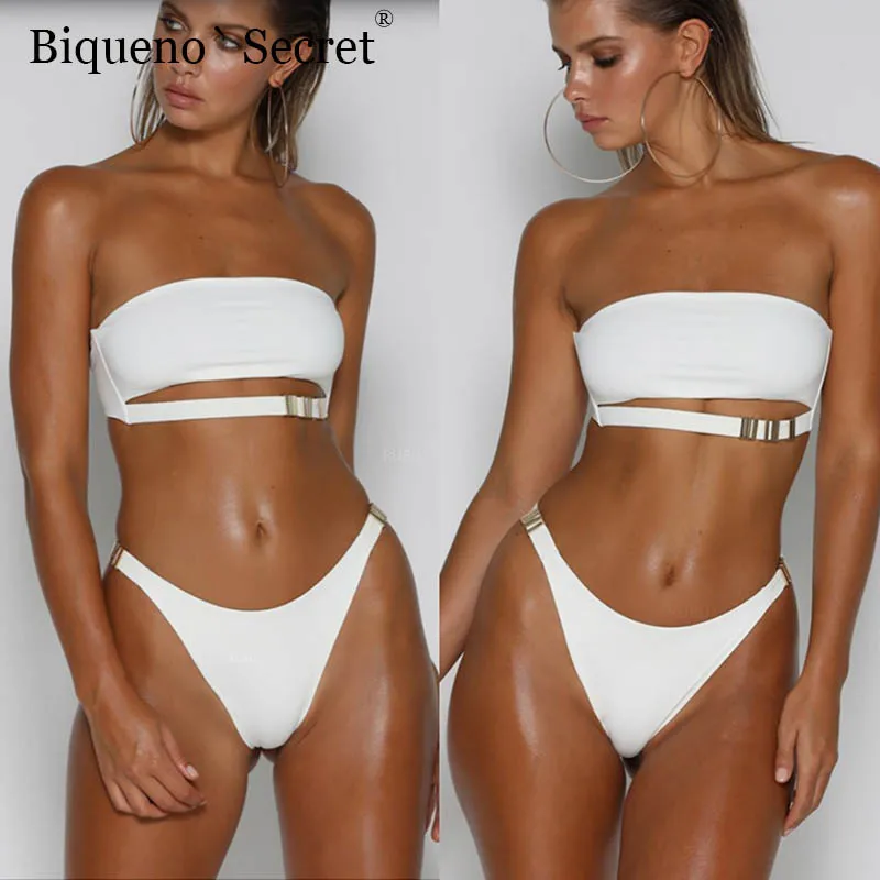 

Summer Bandeau Swimsuit With Metal Buckle Women Beach Thong Brazilian Bikini Biquini 2018 Cut Out Push Up Swimwear Bathing Suit
