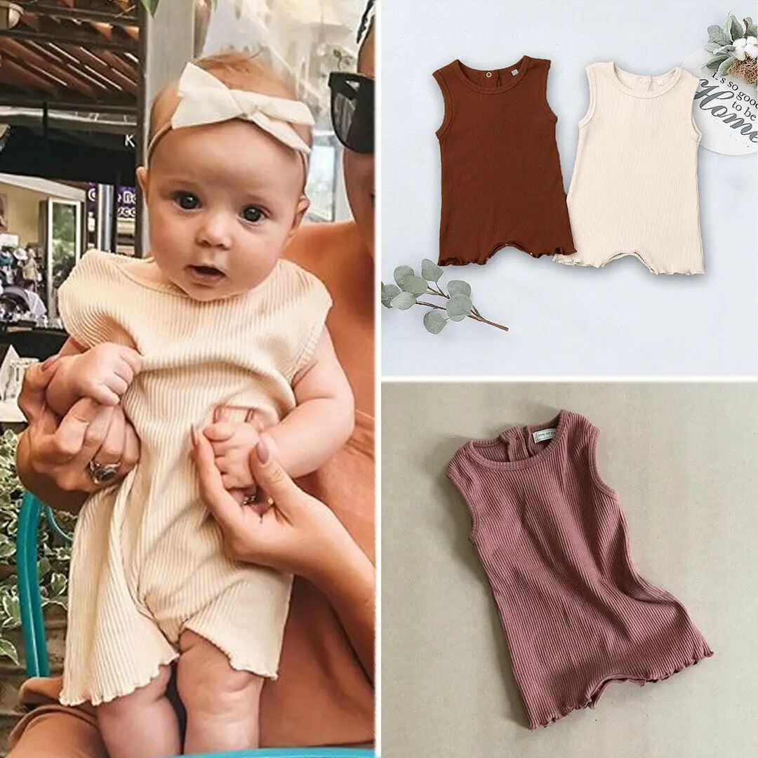 US Stock 0-24M Newborn Infants Baby Boy Girl Sleeveless Solid Romper One Piece Jumpsuit Knited Outfit Sumsuit Clothes