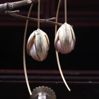 

New Arrival High Quality Freshwater Baroque Pearl Dropping Earrings for Woman With Hand Make Gold Tulip Woman's Gift