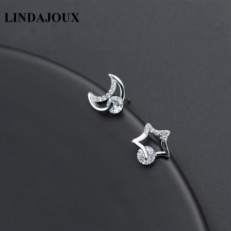 AMOURJOUX 925 Sterling Silver Cute Star Moon With Zircon Stud Earrings For Women 10*9MM Small S925 Studs Earring | Украшения и