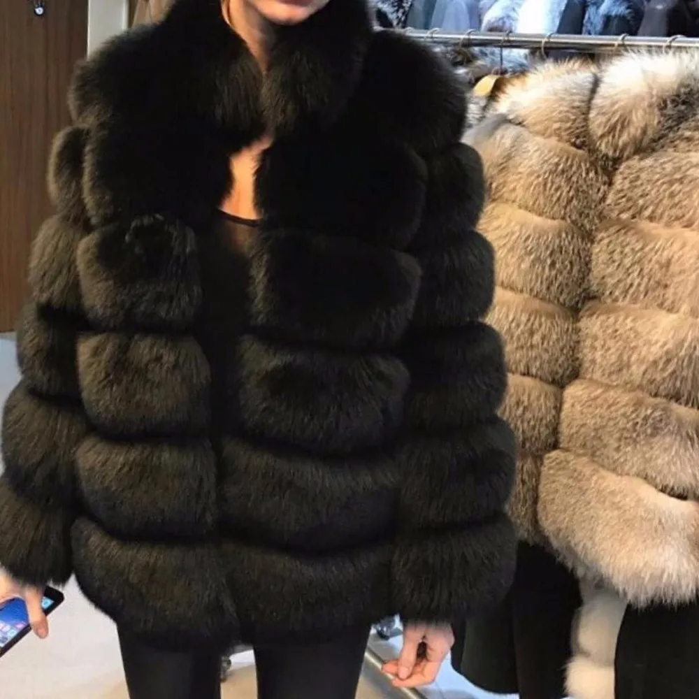 Fluffy huge striped natural fox fur collar coats for women winter real fur overcoat Customized color and length