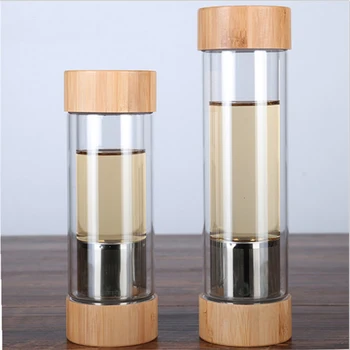 

300ml 400ml Glass Water Bottles With Tea Infuser Shaker Double Wall Tea Drink Bottled For Water Two Mouths Bamboo Lid