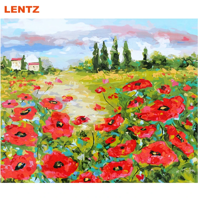 155 Fleur Rouge Coquelicot Village Peinture à Lhuile Par Numéros Dessin Photos Coloriage Coton Décoration De La Maison Cadeau Unique Ami Peinture