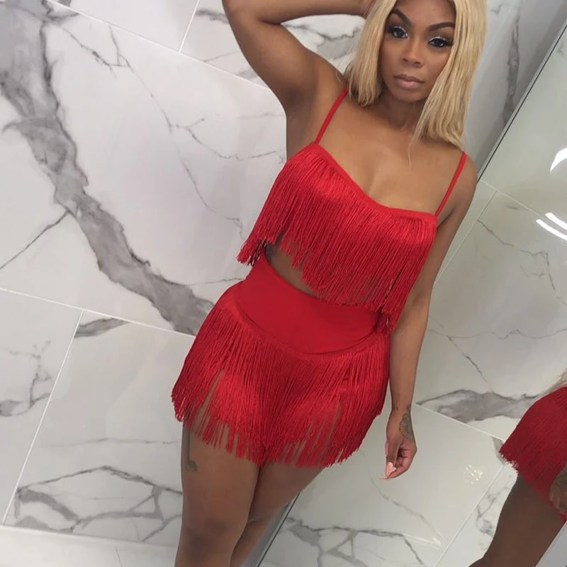 

Fashion Tassels Strapless Sexy Women Summer 2 Piece Sets Vintage Fringed Runway Set Shorts Suit Club Outfits Backless Mini Dress