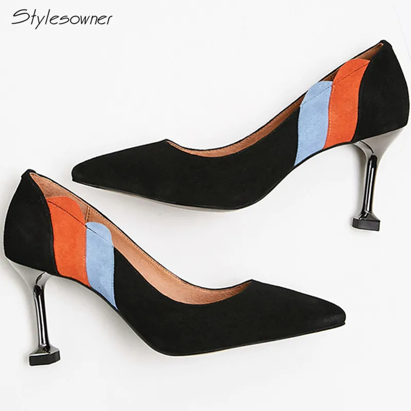 

Stylesowner 2018 New Fashion Slip On Shallow High Heels Pumps Pointed Toe Mixed Color Stiletto Suede Royal Shoes Slim Handmade