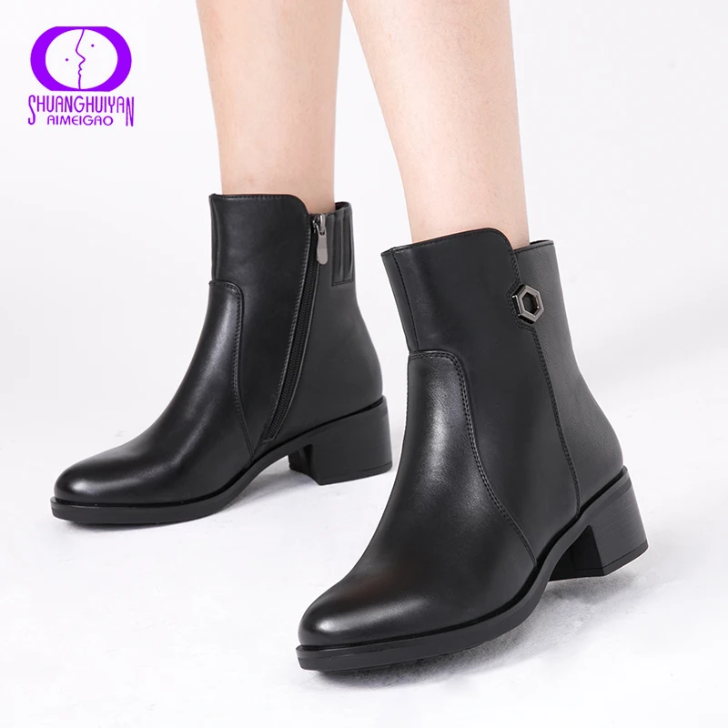 Kaufen AIMEIGAO 2018 Neue Ankünfte Weiche Leder Stiefeletten Frauen Komfortable Mid Heels Stiefel Für Damen Frühling Herbst Frauen Schuhe