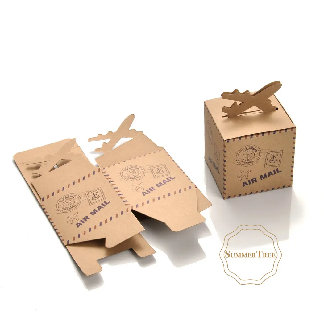 50pcs Travel Themed Wedding Gift box of Let the Adventure Begin Airplane Kraft Favor Box For Wedding and Party Candy Box