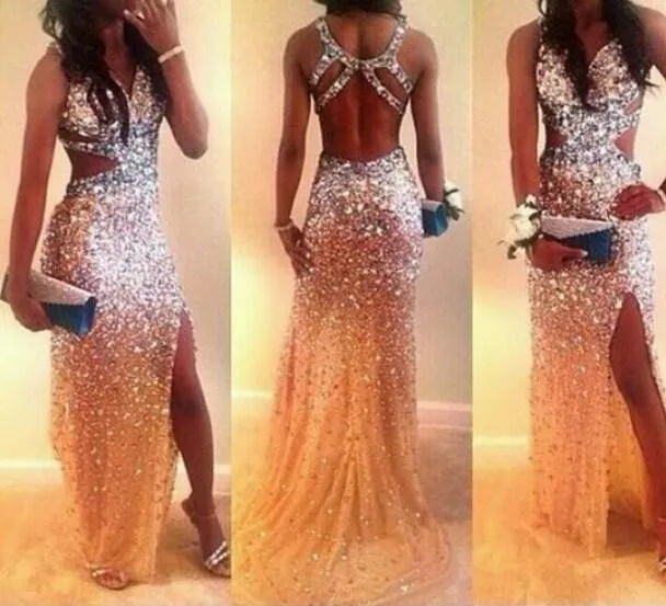 Sexy 2014 Crystal Evening Dresses 2015 Prom Dresses Beads Split Front V Neck Backless Chiffon Pageant Dresses Charming Ball Gowns 209