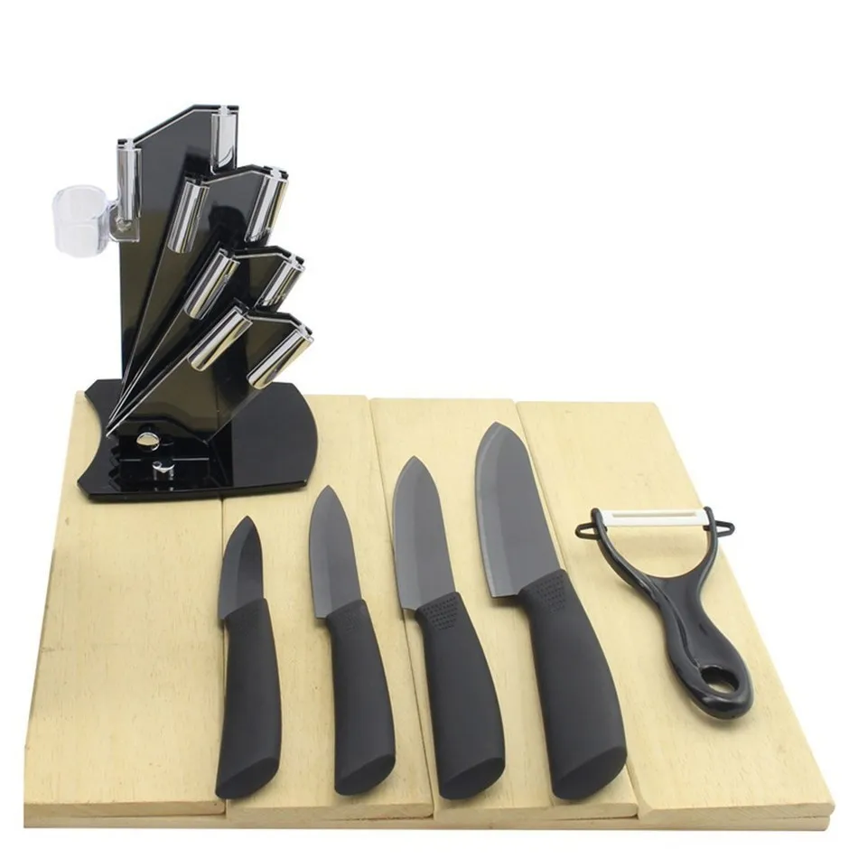 Набор керамических ножей с черным лезвием " 4" " 6" дюймов+ Овощечистка+ акриловый держатель фруктовый кухонный нож