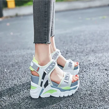 

Genuine Summer Women Gladiator Sandals Women Elevator Casual Sneakers 12 High Heels Woman Shoes Platform Wedges Rivets Sandals