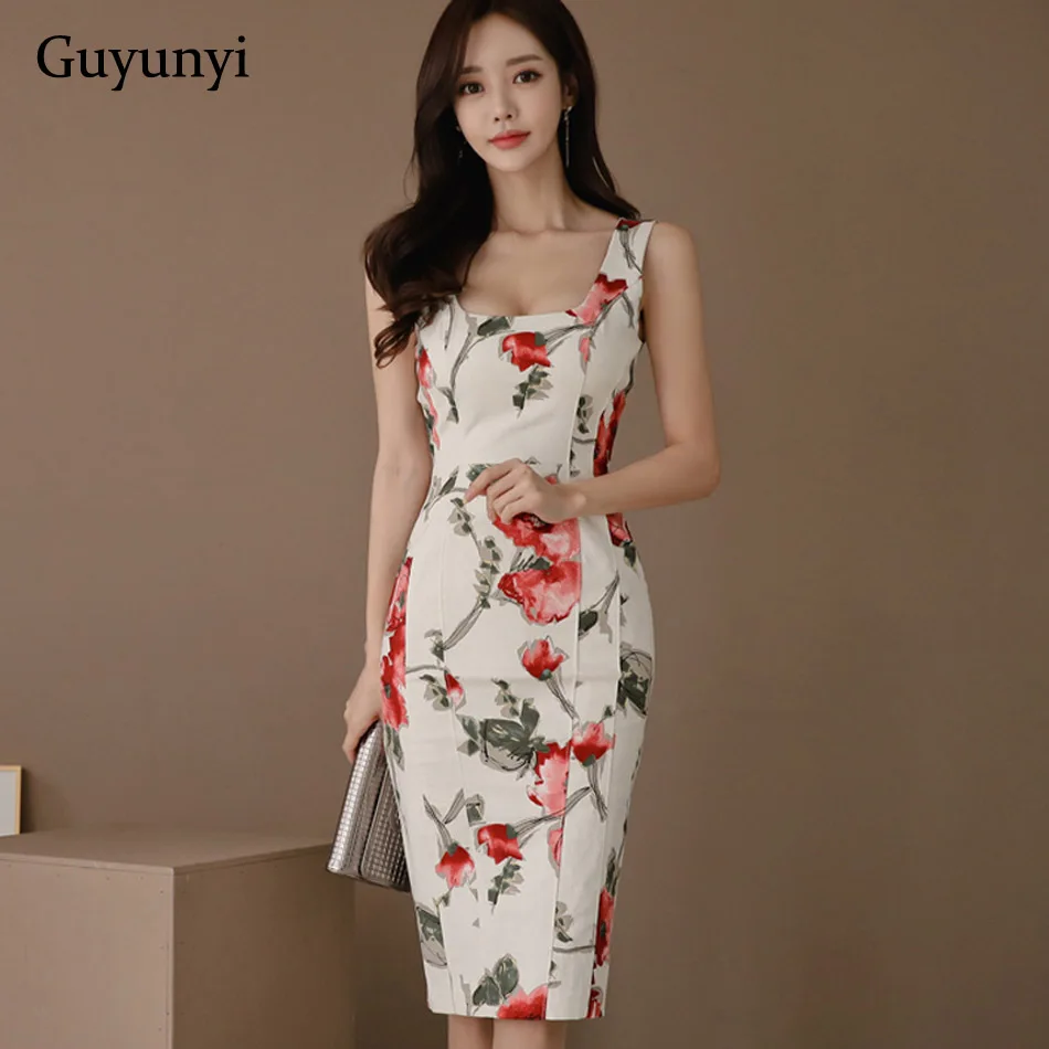 

Simple Elegant Sheath Office Dress 2019 Summer Sleeveless High Waist Comfort Korean version self-cultivation Floral Dress Women
