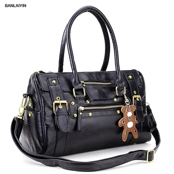 

WholeTide 10*AUAU Sac A Main Porte Main Noir Pour Femmes Cuir PU En Rayure Rocher Ave Un Petit Ours