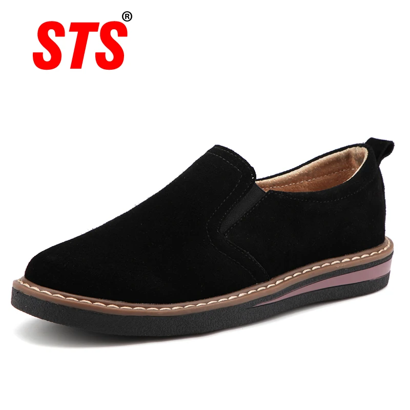 Baratos STS marca 2019 nuevas zapatillas planas de primavera para mujer zapatos de punta redonda de cuero de gamuza zapatos casuales de mujer deslizantes en mocasines planos Jazz Oxford