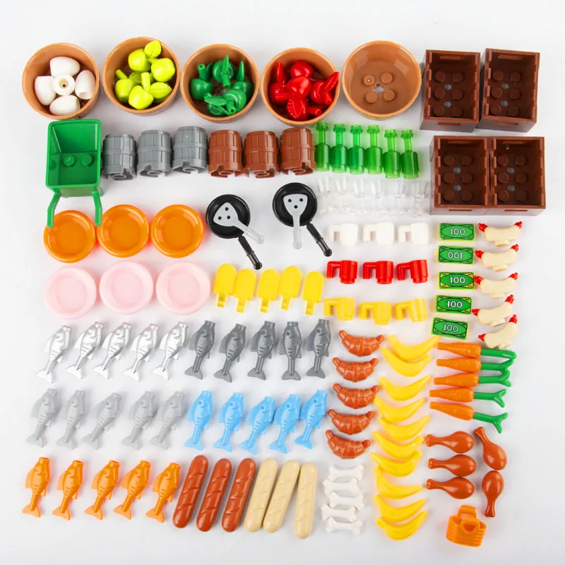 

144pcs City Accessories Figures Parts Building Blocks Food Fruit Bread Fish Bottle LegoINGlys Friends Bricks Toys For Children