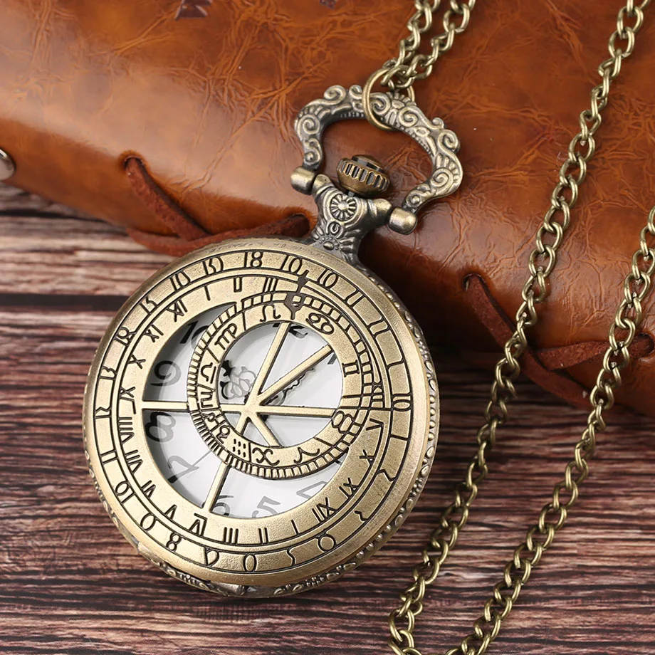 Retro Bronze Geometry Rome Number Compass Case Quartz Pocket Watch Vintage Necklace Pendant Clock Chain Gift Relogio De Bolso (10)