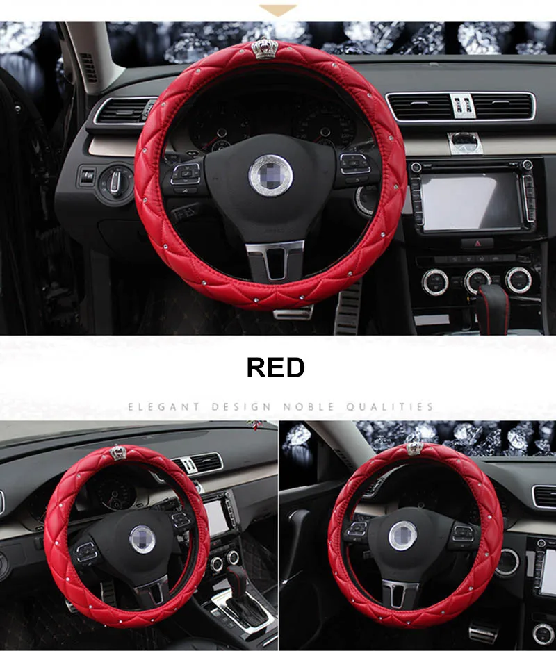 Crystal Crown Rhinestone covered Car Steering Wheel Cover Leather Auto