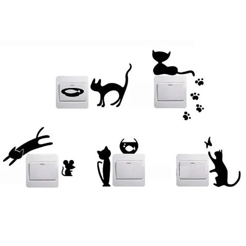 1 Set of 5 Funny Cute Cat Mouse Fish Light Switch Stickers Decal Vinyl Wall Stickers Home Decor Sticker