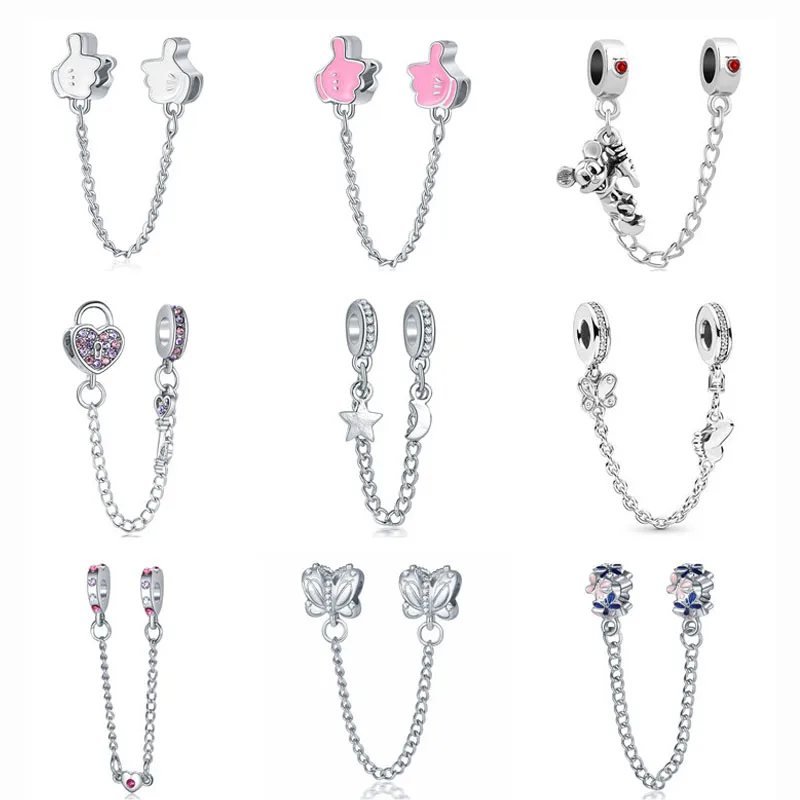 

2019 new 1pc silver mickey moon star lock safety chain bead Fit Pandora Charms silver Bracelet for women F098