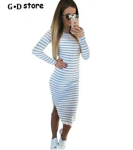 

Casual Summer Women Dress long Sleeve Round Neck Slim Fit Bodycon Dress Striped Side Split T Shirt Womens Dresses