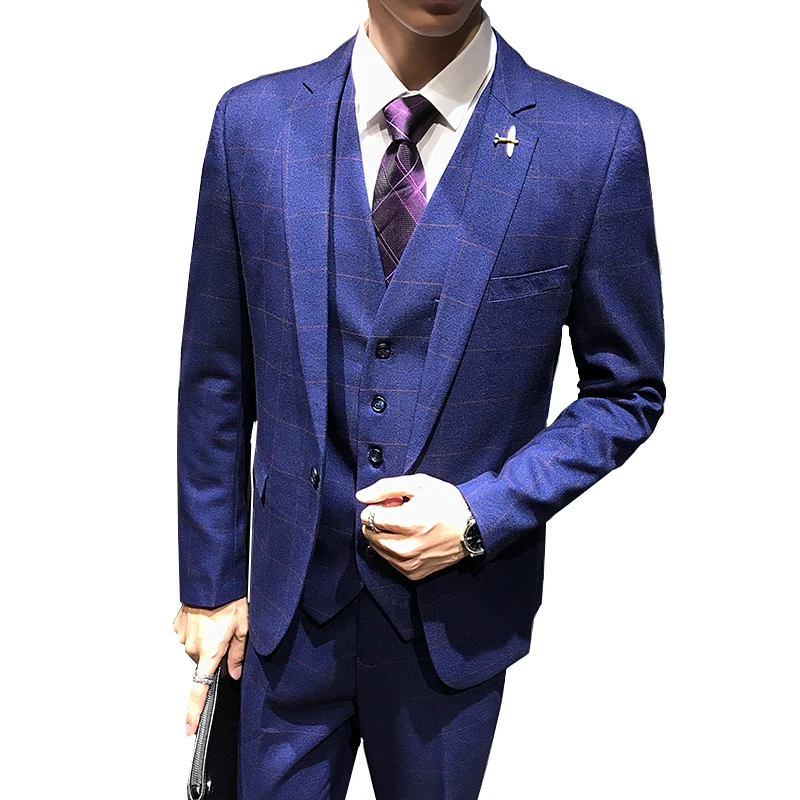 Классический синий плед для мужчин куртка с брюки и жилет Азиатский Размеры S M L XL XXL XXXL тонкий дизайн 3 шт. комплект