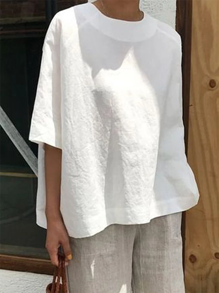 

Solid Cotton Linen T-Shirt Causal O-Neck Half Sleeve Shirts Plus Size Loose Women Tee Shirt Simple Women Summer Tops 2019