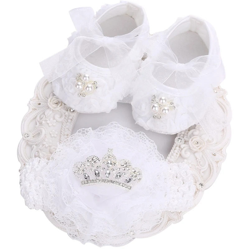 

White Toddler Girl Shoes Vintage Accessories Party baptism Set,Infant Shoes Ballerina Booties,Newborn Rhinestone Shoes For Kids