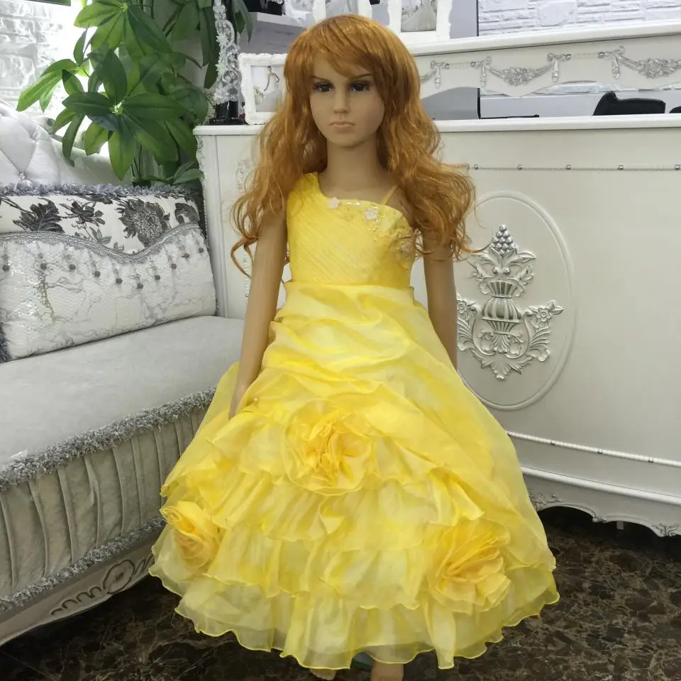 

Free Shipping Child Party Dress With Bustle Mid Calf Pageant Ball Gowns 2019 New Arrival Yellow Flower Girl Dresses For Weddings