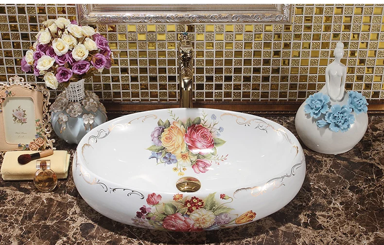 Oval Bthroom Lavabo Ceramic Counter Top Wash Basin Cloakroom Vessel Sink bathroom sink rose pattern vintage porcelain sink (5)