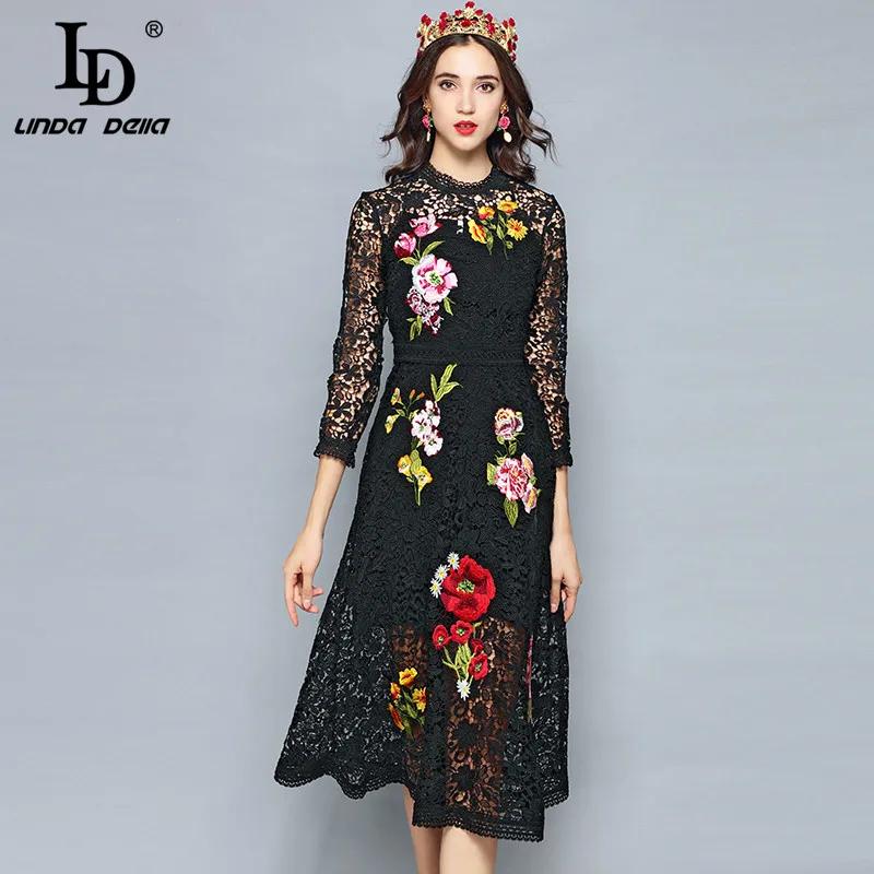Женское винтажное платье LD LINDA DELLA черное с рукавом 3/4 и кружевной цветочной