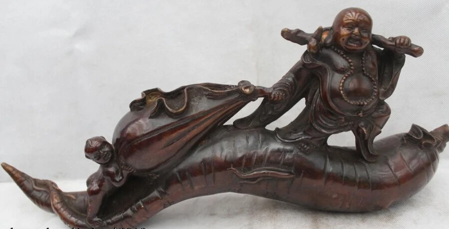 

8"Chinese Buddhism Bronze Lucky Boy Cloth Bag Buddha ginseng Statue