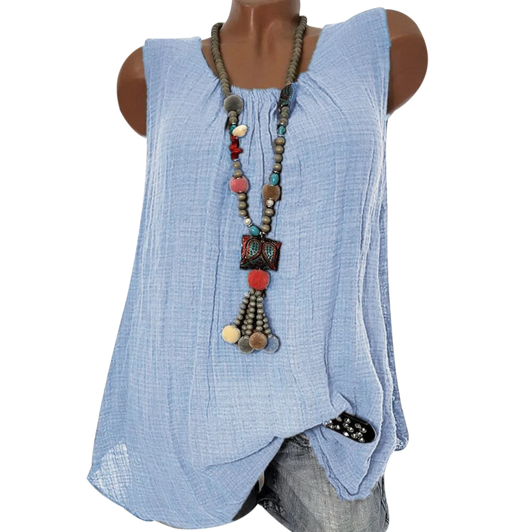 

Vintage Linen Womens Sleeveless Casual Plus Size Ladies O Neck Summer Blouse Tops Solid Color 3XL