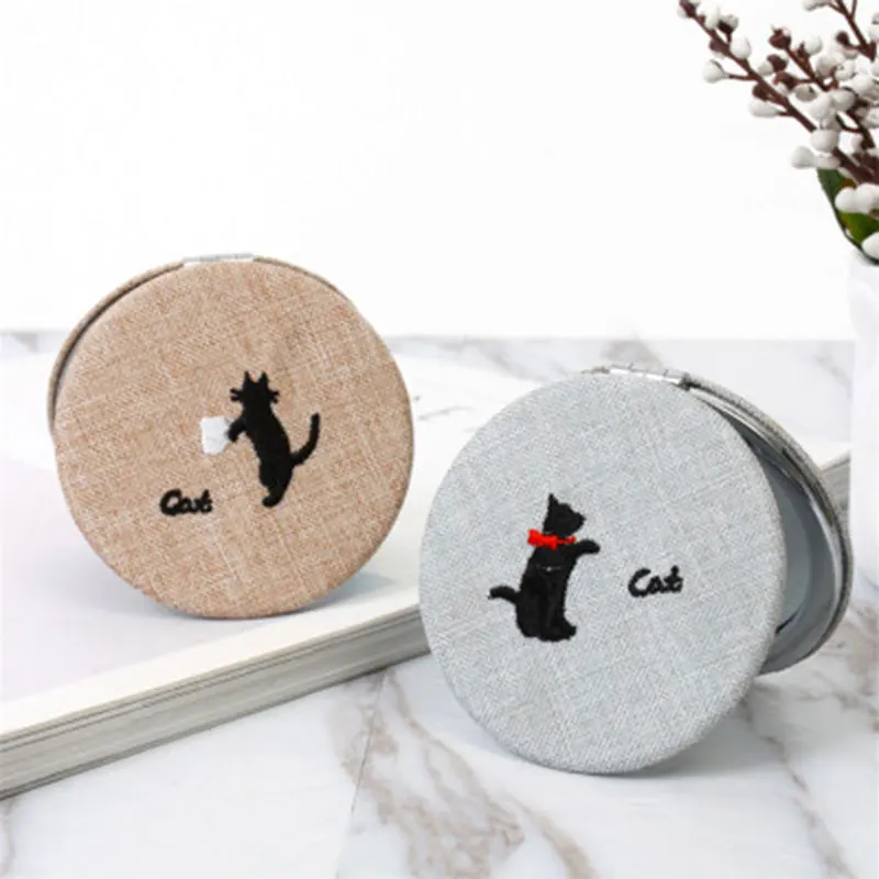 

Linen Folding Small Mirror Cat Print Double-Sided Mirror Grey Round Square Cute Mirror For Girls Portable Mini Mirror HUAMIANLI
