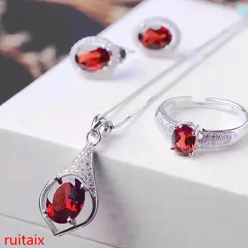 

KJJEAXCMY boutique jewels 925 Pure silver inlaid with natural pomegranate stone necklace pendant ring earrings 3 pieces qwert
