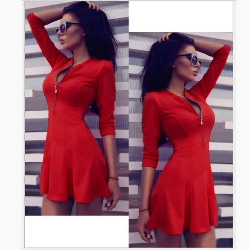 

Sexy Mini A-Line Short Dress Women V-Neck Zipper 3/4 Sleeve Elegant Red Dress White Party Dresses Women Evening Vestidos Casual
